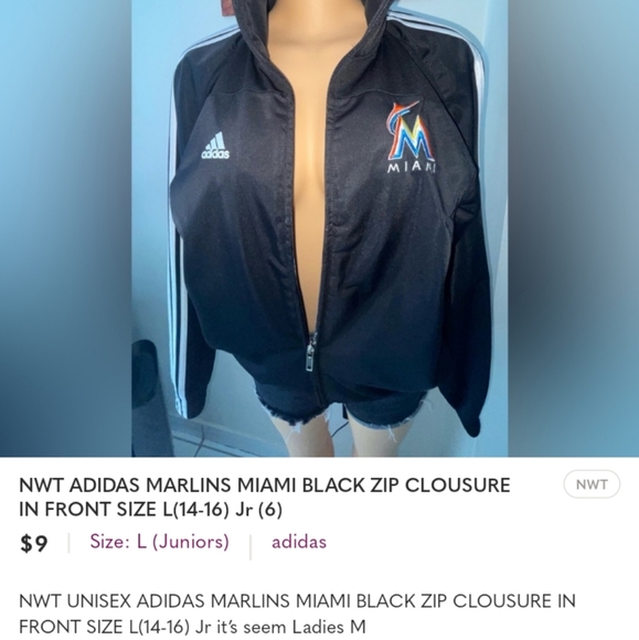 NWT Adidas Marlins Miami Black Zip Clousure In Front Size L (14-16) Jr.(6) - Picture 9 of 9